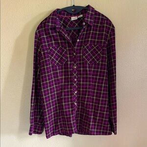 LL Bean Purple and Yellow Plaid Button-Up Shirt